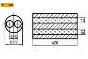 Universalschalldämpfer Rund zweiflutig Eingang Ø 45mm Schallkörper Ø 176mm Länge 420mm Edelstahl